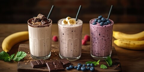 Delicious selection of healthy smoothies made with fruits and chocolate on a rustic wooden table