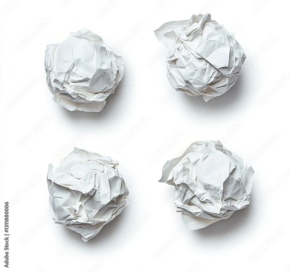 Poster scattered crumbled white paper balls on white background reflecting artistic expression and waste : 