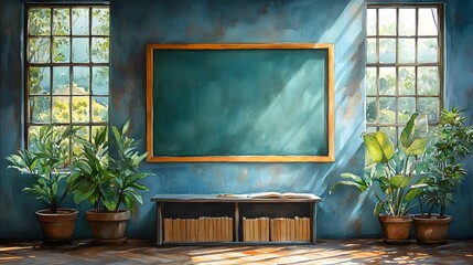 Watercolor composition of an inspiring classroom, a chalkboard decorated with motivational quotes for teachers