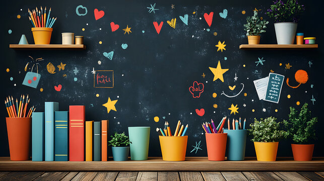 Flat vector of a colorful Teacher Appreciation Day greeting, featuring a chalkboard with warm messages and festive decor