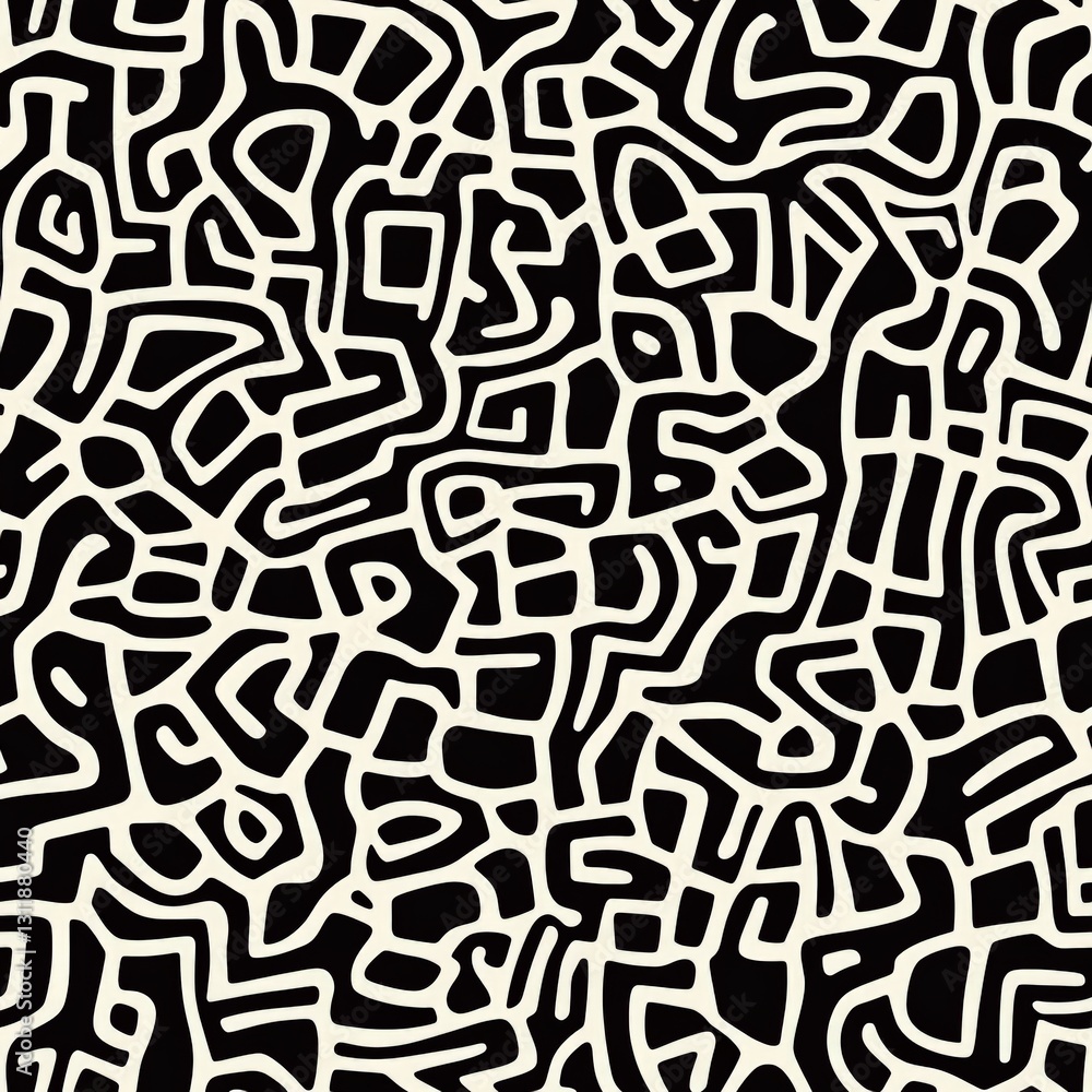 Poster seamless intricate black and white repeating pattern featuring geometric shapes and lines on a subtl