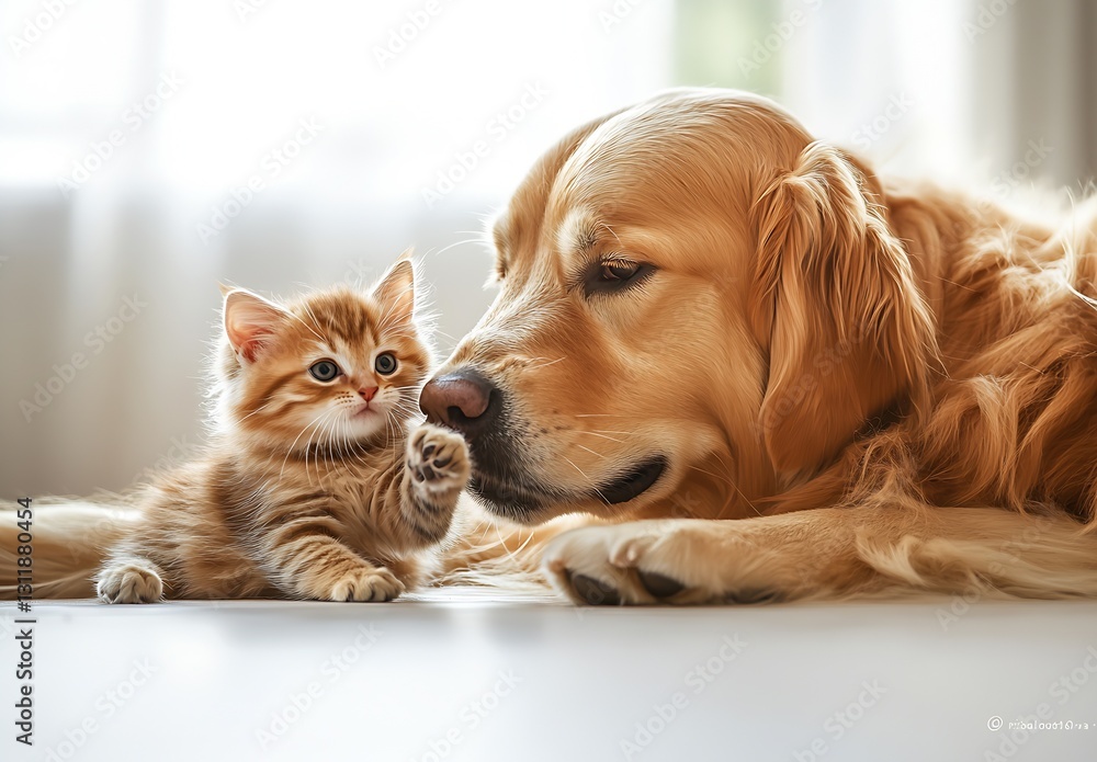 Aufkleber Sweet Interaction Between a Golden Retriever and a Ginger Tabby Kitten : Generative AI