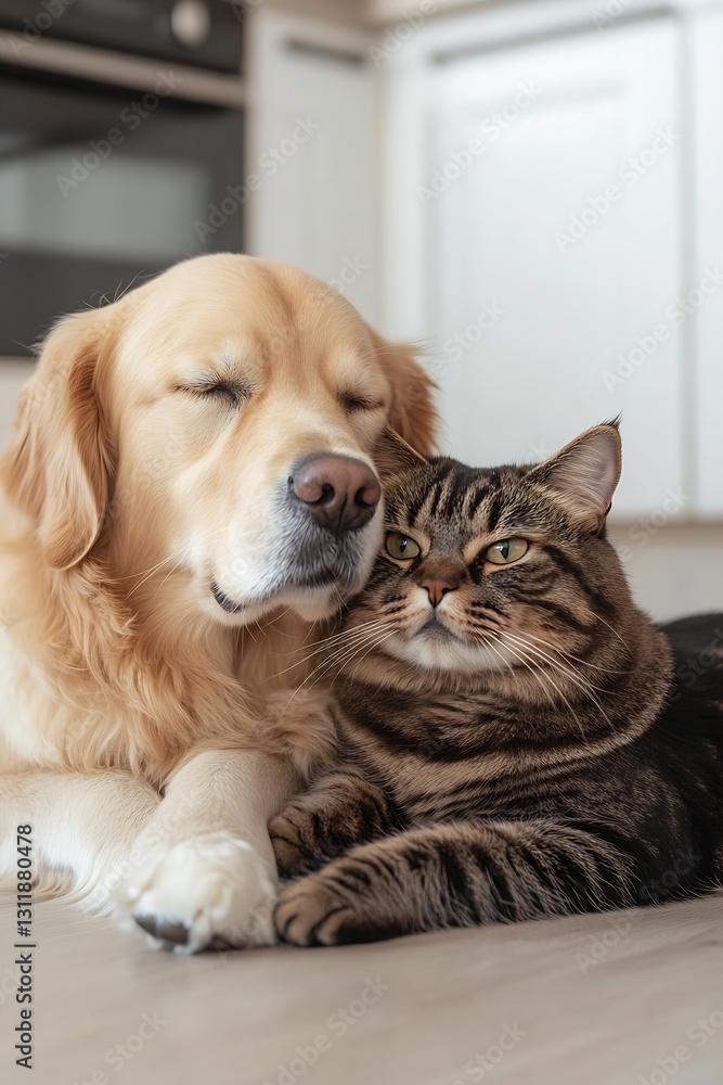 Aufkleber golden retriever and tabby cat enjoying quality time together at home : generative ai