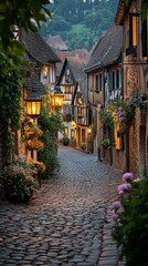 Fototapeta premium A romantic cobblestone street featuring vintage lamps and floral accents, surrounded by medieval architecture. A serene evening scene that exudes charm and history.. AI Generation