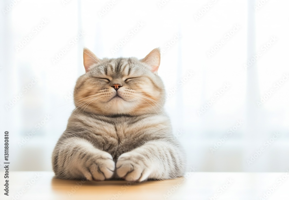 Poster charming grey cat sitting upright relaxing in sunlight with playful expression : generative ai