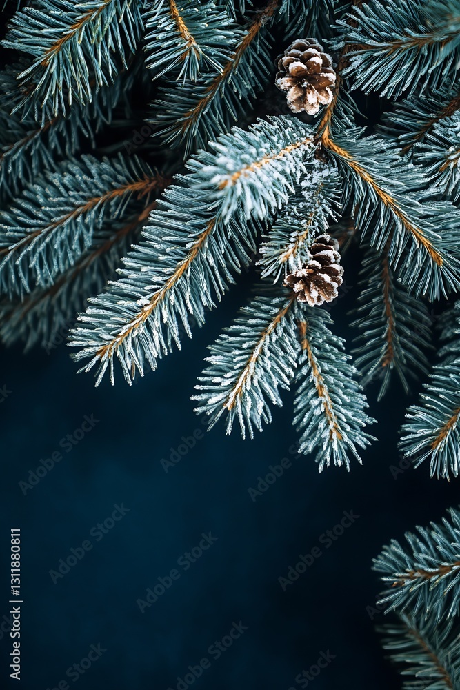 Poster frosty pine branches with pine cones set against a dark background perfect for winter decoration : g