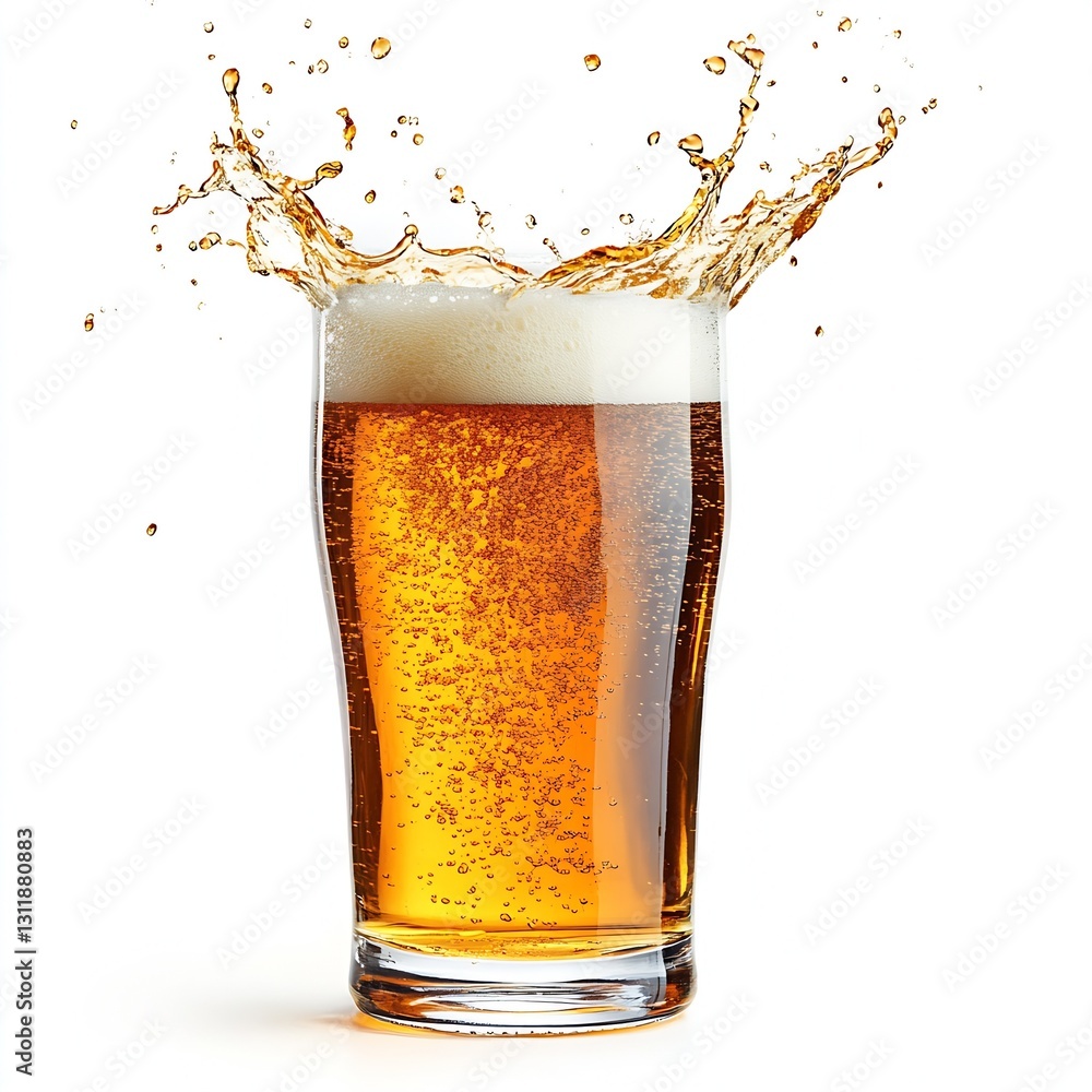 Poster Refreshing Glass of Beer with Splashing Foam and Bubbles Captured in Bright Light : Generative AI