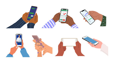 Different Hands holding mobile phones set. Fingers touching, scrolling smartphone screens, using applications. Empty screen, phone mockup. Flat vector illustration isolated