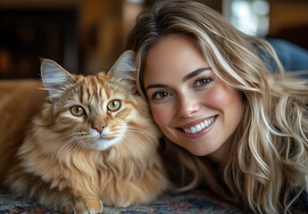 Naklejka na ściany i meble Beautiful woman smiling while posing with charming orange cat at home showcasing bond between humans and pets : Generative AI