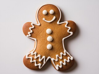 Delicious gingerbread cookie in the shape of a smiling man, decorated with icing.