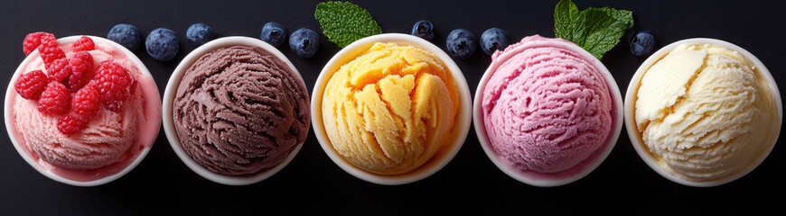 Five flavorful ice cream scoops with fresh berries and mint on dark background for dessert display