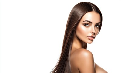 Naklejka premium A beautiful woman with long, straight hair against a white background, as if for a beauty and style magazine advertisement.