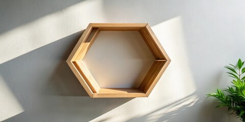 Sunlight Illuminates a Hexagonal Wooden Shelf Mounted on a Light Wall