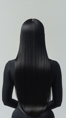 Fototapeta premium Thick and glossy black hair in the rear view portrait, the focus of the picture is entirely focused on her luxurious hair, the overall picture is full of modern and artistic, showing a unique visual i