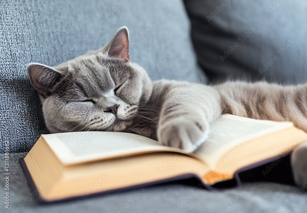 Poster Content cat dozing off on an open book displaying a cozy scene of relaxation at home : Generative AI