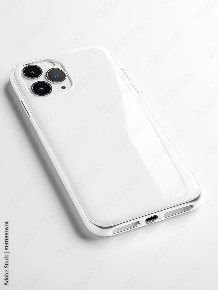 Poster generic mobile phone with glossy surface and multiple cameras sits diagonally on a clean white surfa