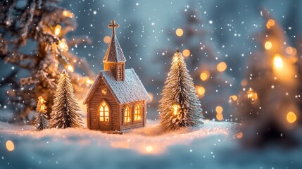 Fototapeta premium Captivating winter holiday scene featuring a miniature illuminated church surrounded by snow-covered trees, glowing lights, and falling snowflakes creating a magical atmosphere.. AI Generation