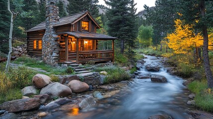Cozy log cabin by autumn creek.