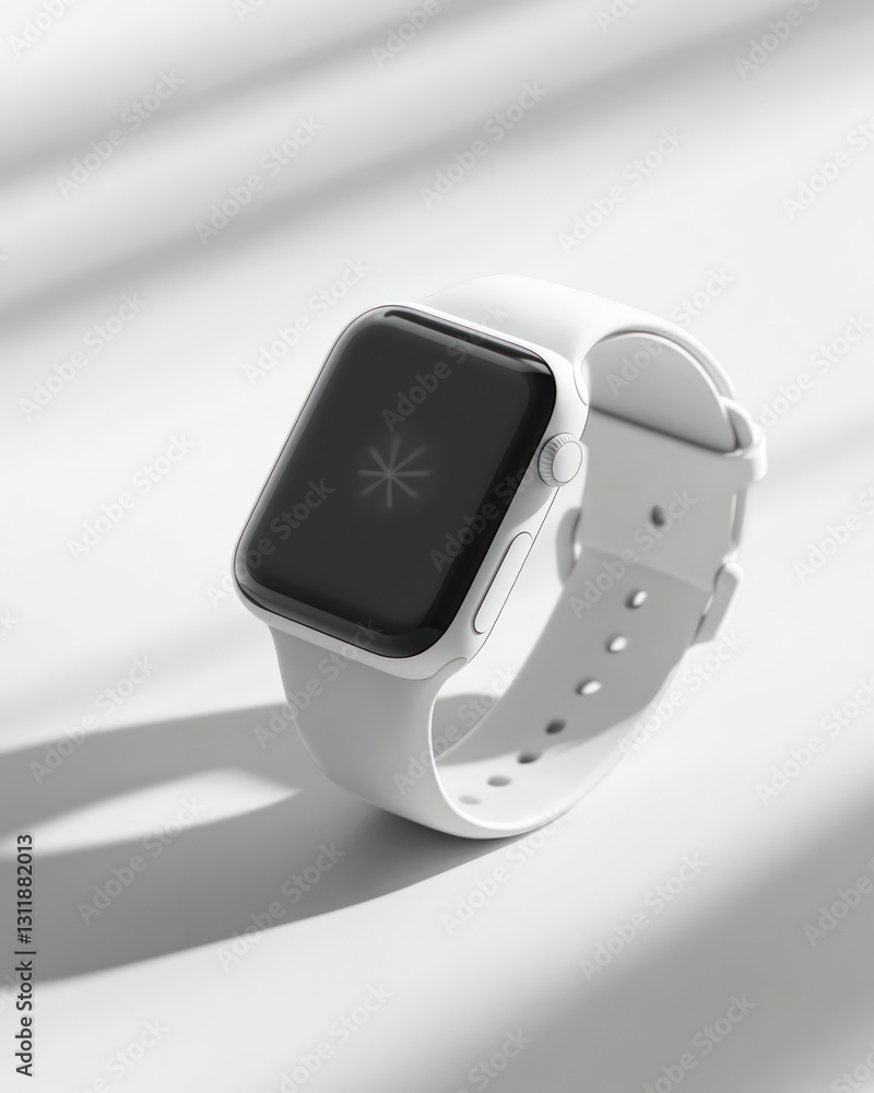 Poster white smart device on white surface with shadow. minimalist tech device with dark screen. modern des
