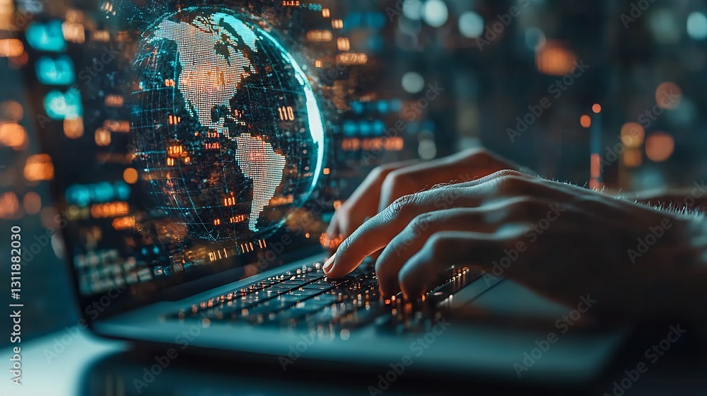 Poster Hands Typing on Laptop with Digital World Map Representing Technology and Connectivity : Generative AI