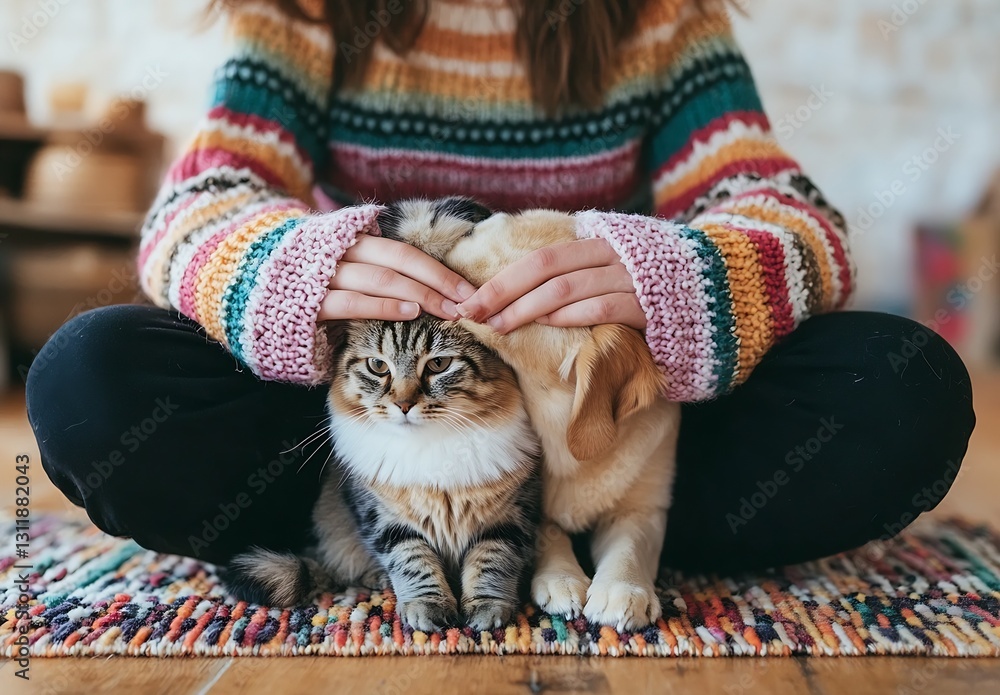 Poster Adorable Playful Kitten and Puppy Being Pampered by Their Loving Owner in a Colorful Home Environment : Generative AI