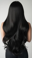 Naklejka premium Thick and glossy black hair in the rear view portrait, the focus of the picture is entirely focused on her luxurious hair, the overall picture is full of modern and artistic, showing a unique visual i