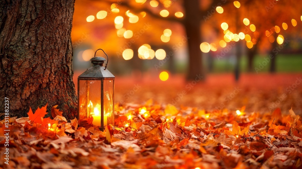 Poster a rustic lantern emits a warm glow among vibrant autumn leaves, resting by a tree in a tranquil outd