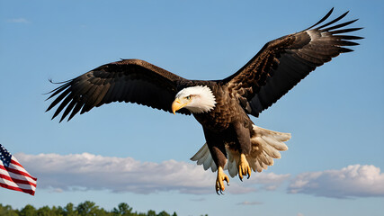 Obraz premium Majestic Bald Flying Eagle with the American Flag. A Symbol of Freedom and Patriotism. Generative AI.