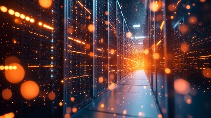 Abstract Data Center Corridor Glowing Lights and Bokeh Effect