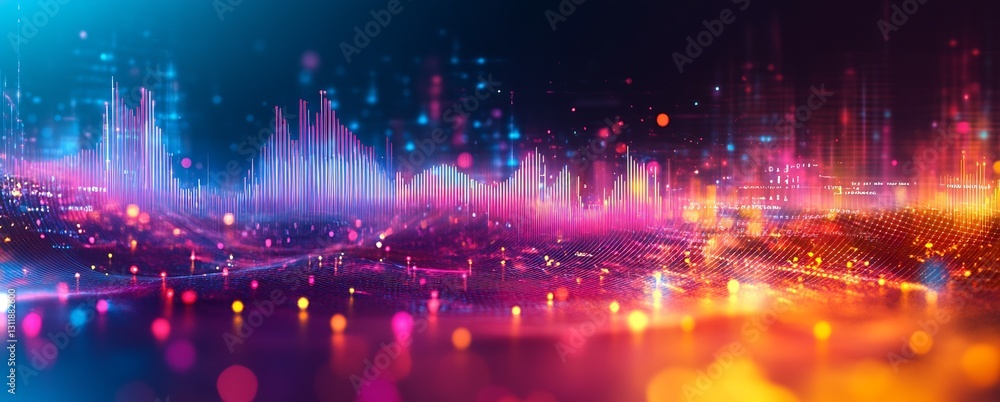Poster Vibrant Abstract Digital Sound Visualization with Colorful Wave Patterns and Lights : Generative AI