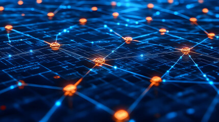 Abstract Digital Network Connection: Glowing Blue and Orange Nodes on Dark Background