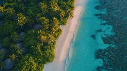 Aerial View of Tropical Beach Turquoise Water, Lush Green Palm Trees, and White Sand