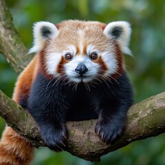 Fototapeta premium Red panda perched on a tree branch, showcasing its distinctive fur and curious expression.