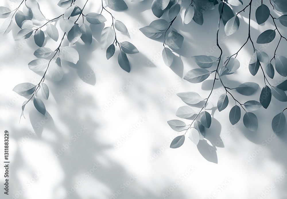 Poster delicate soft leaves casting shadows on a white background in monochrome tones : generative ai