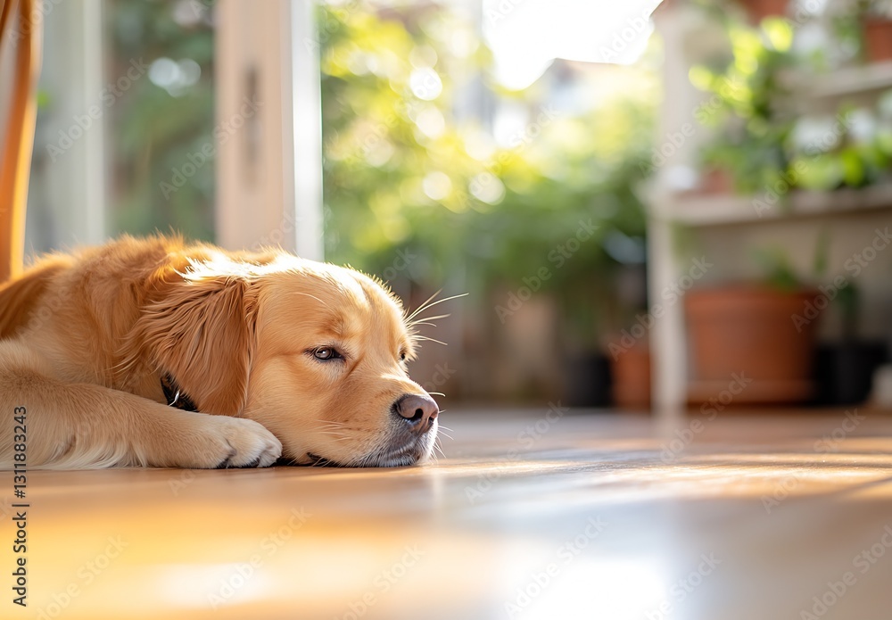 Poster golden retriever dog resting on floor in serene sunny environment : generative ai