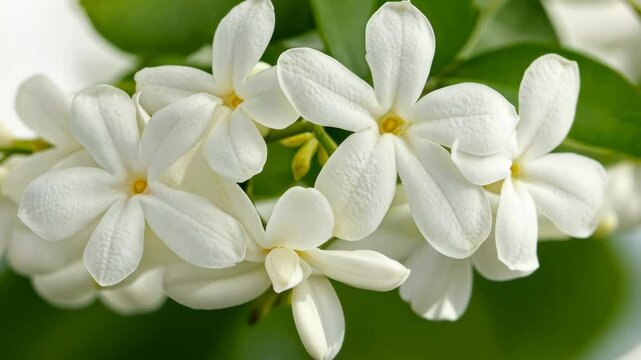 White jasmine flowers blooming with lush green leaves in a tranquil garden setting during daylight