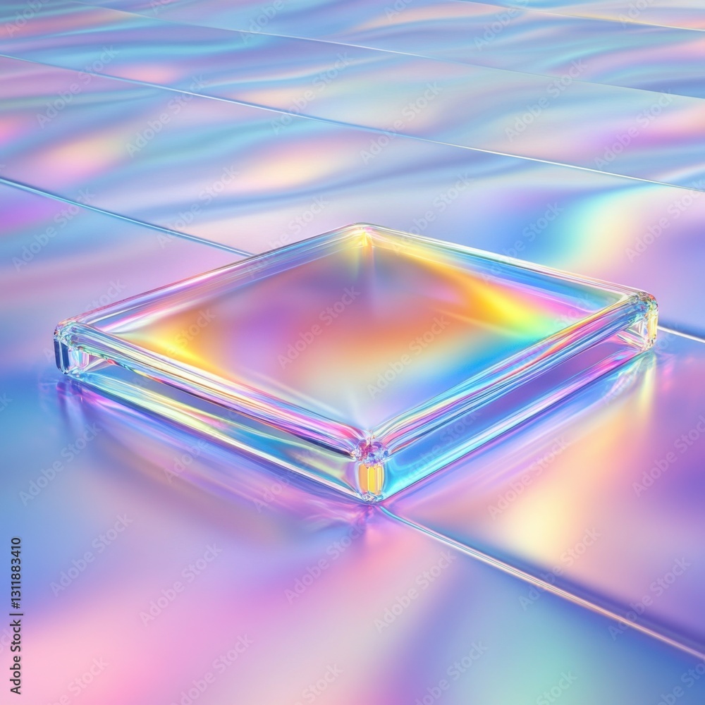 Poster a colorful, iridescent surface with a transparent square object resting on it.