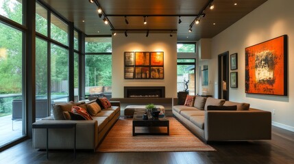 Sophisticated modern living room with an elegant track lighting system, featuring adjustable LED spotlights for a dynamic look