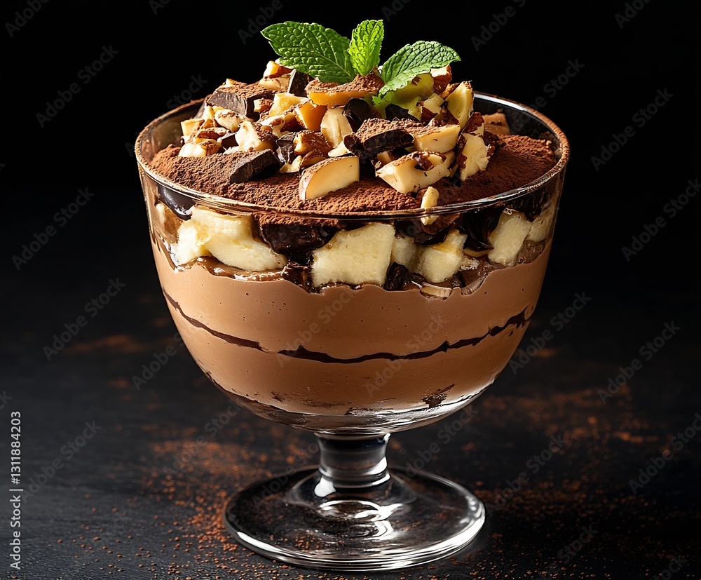 Aufkleber rich chocolate and nut parfait layered with cream and fruits in glass bowl : generative ai