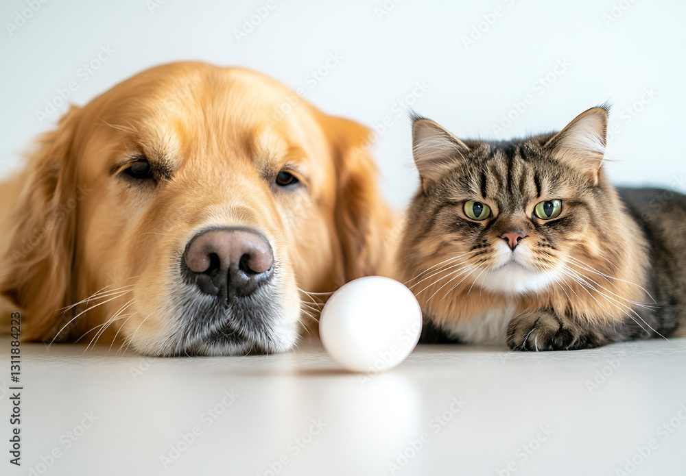 Poster golden retriever and tabby cat curiously observing egg together : generative ai