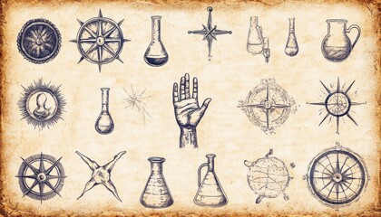 Vintage illustrations of compasses, laboratory equipment, and a hand symbol on textured paper.