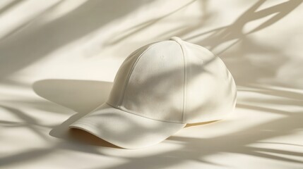 White textured baseball cap casting shadows with sunlight on a white surface