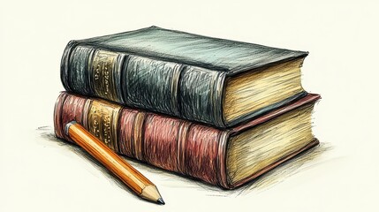Stacked Books, Pencil, Vintage Illustration
