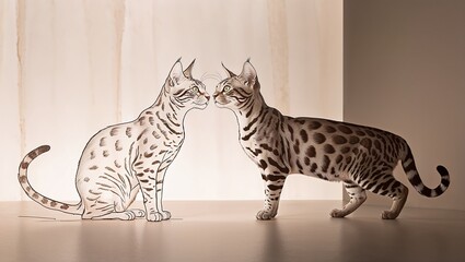 Artistic illustration of two Bengal cats interacting in a softly lit environment, Pet Photography for Blogs, Websites, and Social Media Campaigns