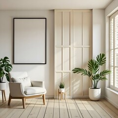 Interior of a living room with a white armchair, a blank frame on the wall, a wooden floor, a window, and some plants