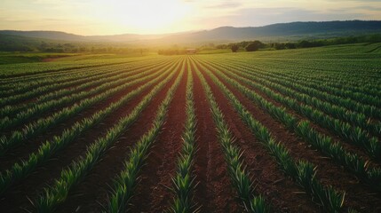 Golden hour illuminates rows of crops at agricultural farmland landscape