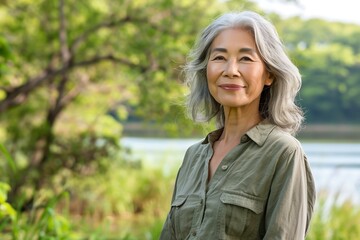 Mature Asian woman smiling peacefully outdoors in a natural setting