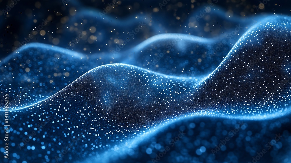 Poster sparkling blue particles creating a dreamy wave landscape in night sky : generative ai