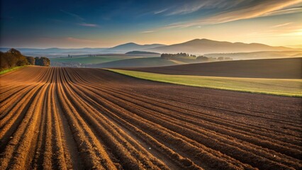 Serene Sunrise Over Undulating Farmland, Plowed Fields Gleaming Golden in the Early Morning Light