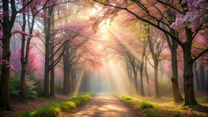 Sunbeams Illuminate a Path Through a Blossoming Forest, Creating a Dreamlike and Serene Atmosphere
